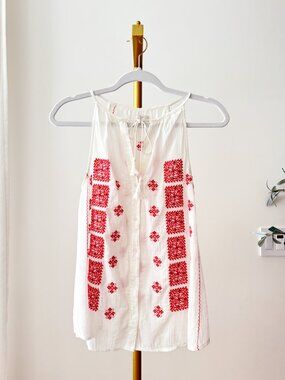Joie White Gauze Embroidered Tank | Red Cross-Stitch Tassel | XS